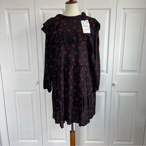 NWT ZARA bohemian floral minimal print black and red ruffle holiday dress size S